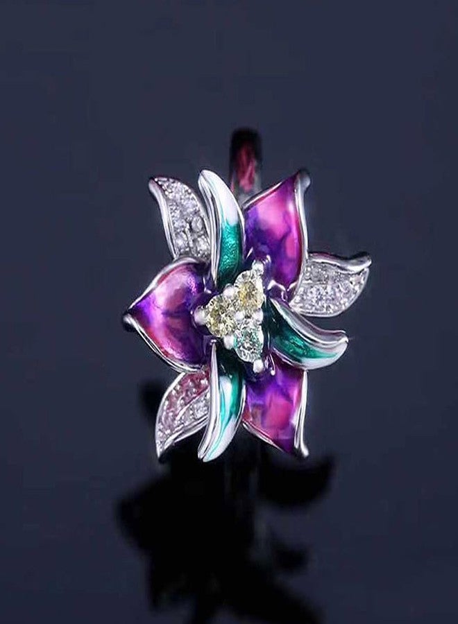 HAIXIAN Silver Blooming Purple Flower Enamel Ring,Thick Platinum Plated Colorfull Resin Floral Statement Ring,Cocktail Party Flower Ring Jewelry Gift for Women Her (Ring_A, 9) - Image 2